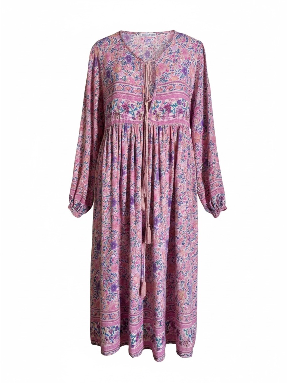 Boho Pink Floral Long-Sleeve Midi Dress with Tie Front